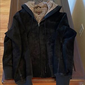 Black Hooded Jacket with Animal Print Lining